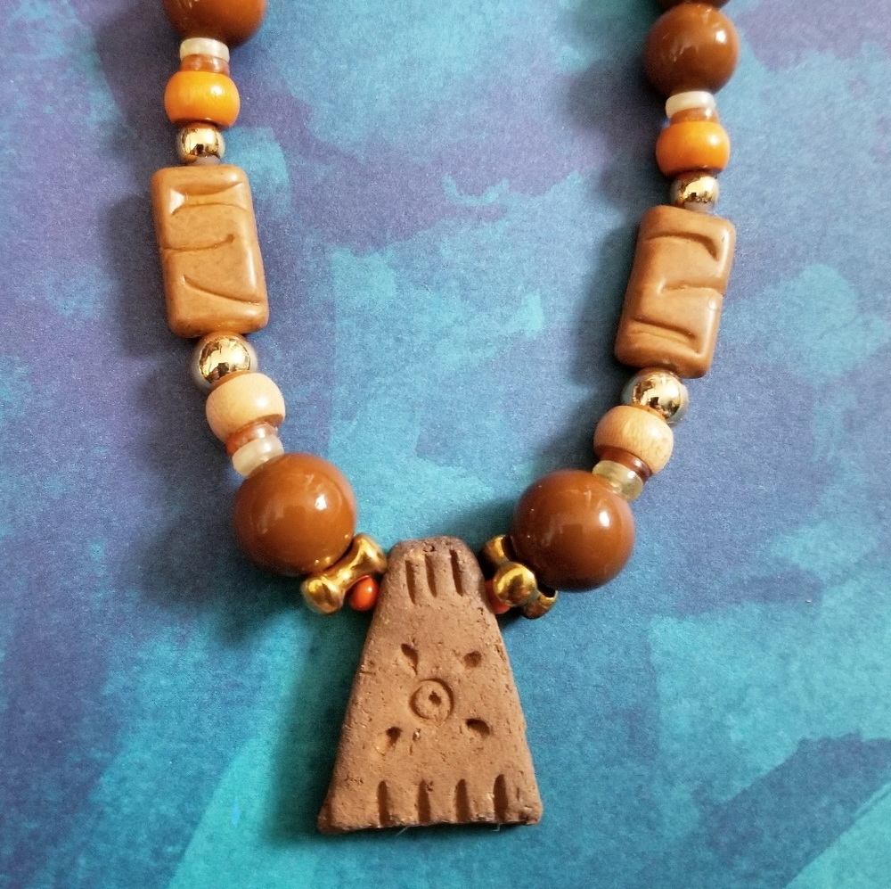 Vintage necklace tribal boho brown tan clay gold